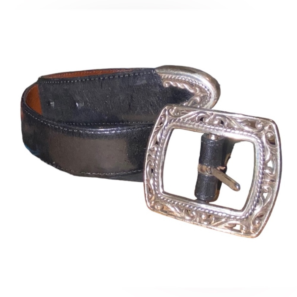 Black leather belt with silver hardware